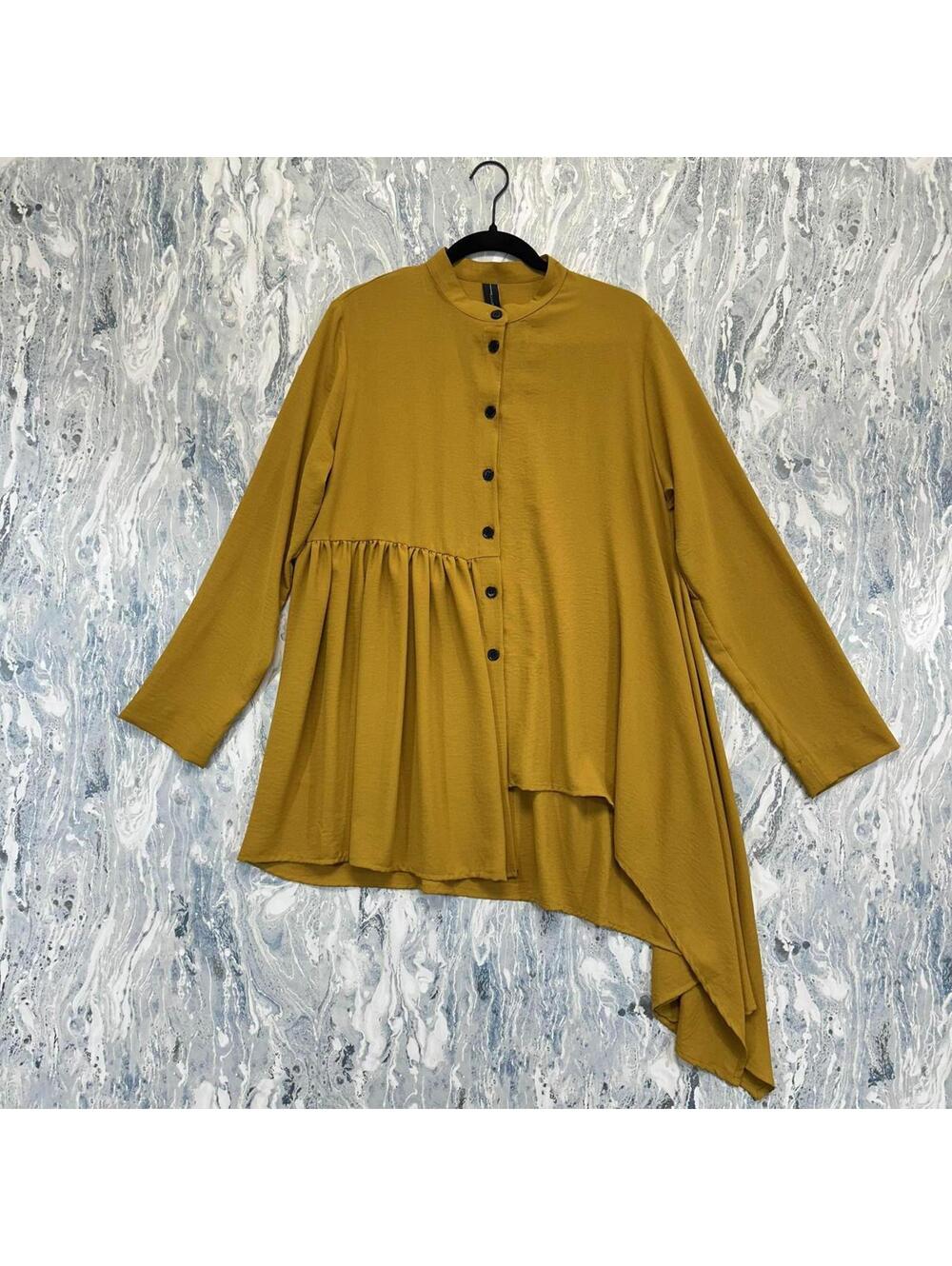 Avant Garde Lagenlook Boho Artsy Asymmetrical Mustard Button-Up Blouse (1)